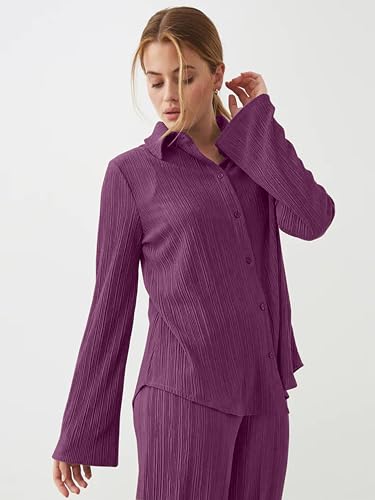 Image of TRENDMALLS Women's Cotton Blend Long Sleeves Shirt with Trouser Co Ords Set for Women