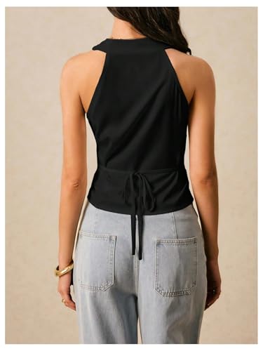 MakeMeChic Women's Old Money Vest Tops Wrap V Neck Blouse Sleeveless Tie Back Elegant Office Shirt3