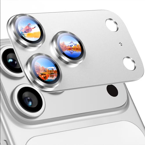 Image of Uyiton Compatible with iPhone 17 Pro Camera Lens Protector - [Not Easy to Break][Strong Adsorption][Case-Friendly] Metal Tempered Glass Rear Camera Screen Cover - Silver
