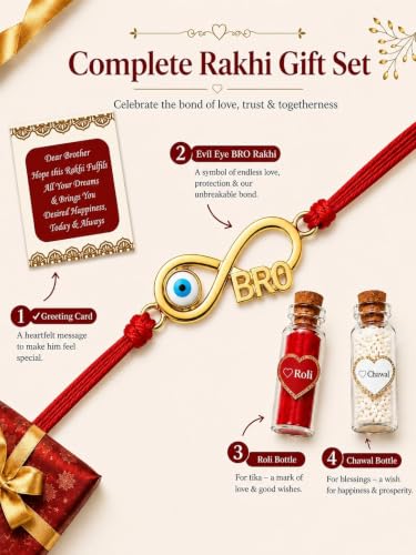 Image of Golden Plated Evil Eye Infinity BRO Rakhi for Brother with Greeting Card, Roli & Chawal | Designer Rakhi Band Bracelet for Bhai, Bhaiya | Raksha Bandhan Gift Set Hamper