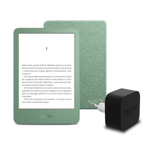 Il nuovo Kindle (versione 2024) da 16 GB con pubblicità, una copertura in tessuto Amazon e un alimentatore Amazon Powerfast da 9 W.