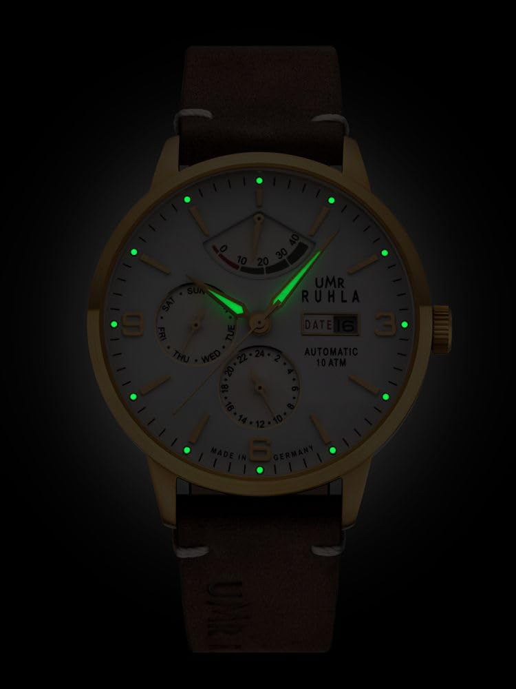 UMR RUHLA-Automatic 80274 - Automatik Herrenuhr Limited Edition 200 Stück - 9110 mechanisch 26 Steine - Edelstahlgehäuse IPG Gold 42 mm - Lederarmband Braun - Made in Germany