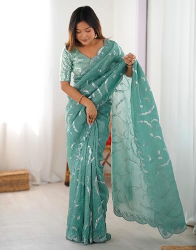 Image of SIRIL Women's Tissue Silk Sequence Embroidery Saree With Unstitched Blouse Piece