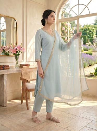 SHRITHI FASHION FAB Women's Blue Chanderi Silk Kurta Set Sky-Blue - Image 4