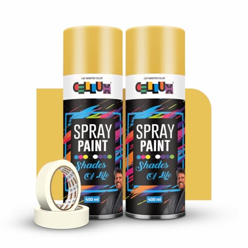 Image of Cellux 2X Ultra Cover Sparkle Gold Spray Paint | DIY, Quick Drying with Premium Gloss Finish for Metal, Wood, Wall & Other Surfaces - 400 ML - Pack of 2 with 2 Masking Tape Rolls