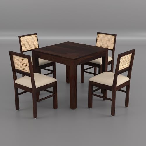 Image of Solid Wood Cane 4 Seater Dining Table Set | Four Seater Dining Table with 4 Cushions Chairs for Dining Room | 4 Seater Dining Set for Hotel Restaurant | Sheesham, E-Walnut