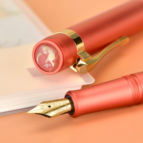 Image of Hongdian M2 Mini Fountain Pen with Extra Fine Soft Golden Nib, Sleek Shape Aluminium Short Pocket Travel Pen (Orange Red)