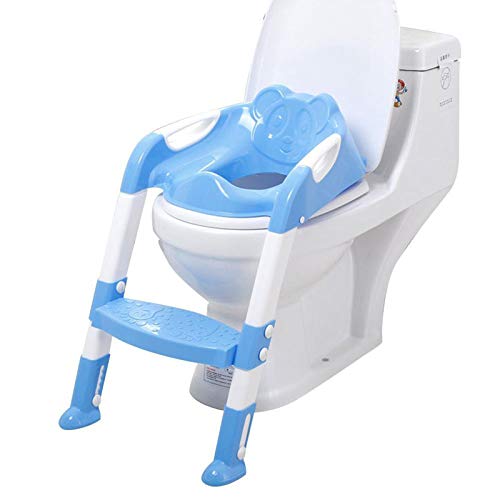 Toilet Training Seat, Adjustable Baby Safety Potty Training Seat Chair Foldable Toilet Potty Trainer with Step Ladde (Blue)