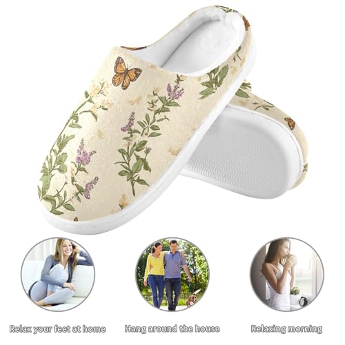 JUNZAN Retro Butterflies Herbs Beige Mens Home Cotton Slipper Breathable Memory Foam Indoor Slippers for Spa Funny Presents 6-73