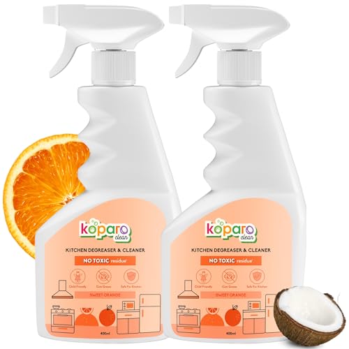 Image of Koparo Kitchen Cleaning Spray | Instantly Dissolves Grease And Oil Stains | Kitchen Cleaner For Chimney, Gas Stove, Kitchen Slab, Microwave, Tiles & Cabinets | Plant Based Non-Toxic | 400Ml Pack of 2