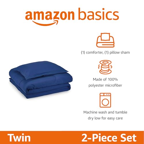 Image of Amazon Basics 2-Piece Soft Microfiber Kid's Comforter and Pillow Sham Set, Twin, Navy, Solid