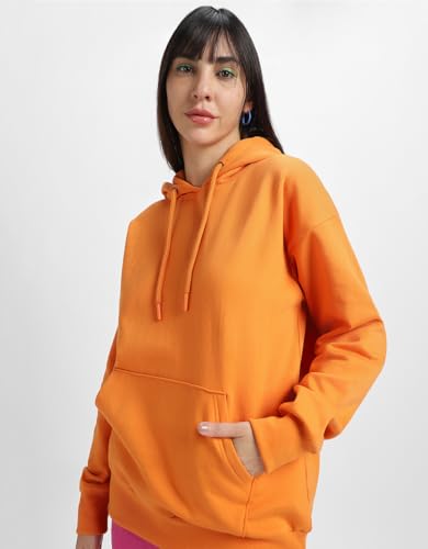 Image of JUNEBERRY Cotton Fleece Regular Fit Hooded Sweatshirt Lastest Back Graphic Printed Winter Hoodies for Women (Available in Colors: Black, SOYA Bean, Orange, Marshmellow, White & Lilac)