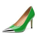 GUAVAIVY Women's Pumps, Two Toned Patchwork Pointed Toe High Heels, Fashion Slip On Daily Dressy Wedding Shoes for Women Green Patent Size 7.5