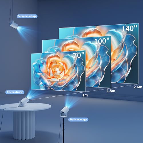 YOTON Mini Beamer, 1080P Tragbarer Projektor mit Wi-Fi 6, Bluetooth 5.4 und Android TV, Automatische Trapezkorrektur, 180°-Rotation, Kompatibel mit Smartphone/PC/Mac und Switch, Weiß