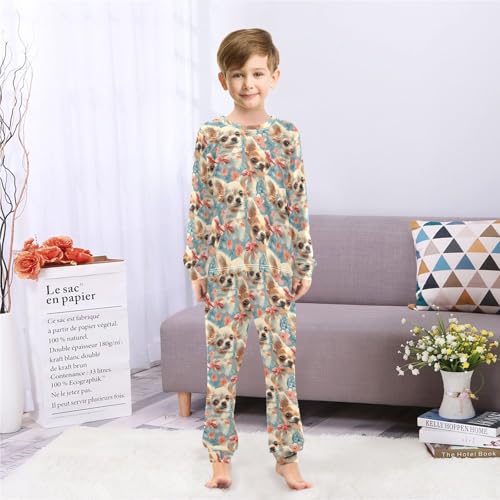 Pajama Set Long Sleeve for Boys & Girls,Floral Pattern with Puppies Kid's Soft Sleepwear Crewneck Loungewear 2 Piece PJ Underwear Set 4T4