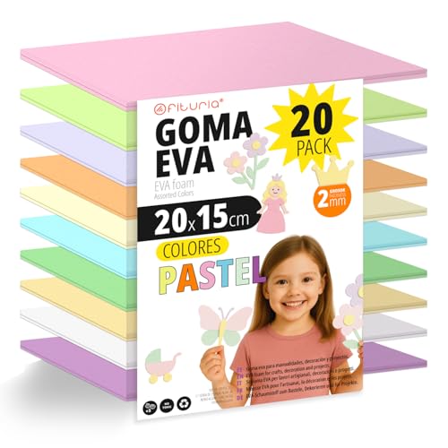 OFITURIA Pack 20 Hojas de Goma Eva Pastel, Tamaño 20x15cm, 10 Colores Surtidos Ideales para Proyectos Creativos, Manualidades, Uso Escolar o Profesional, Foamy EVA (Surtido Pastel)