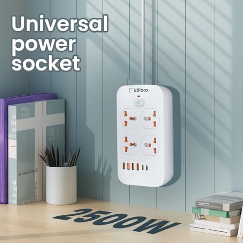 Image of Embox Extension Board with USB Type C | Extension Board with Switches 6A Spike Guard 4 Universal Sockets 2500W Extension Cord | Safety Shutter LED Indicator, 2meter