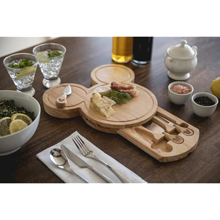 PICNIC TIME Disney Mickey Mouse Head Cheese & Charcuterie Board Set, Parawood Cutting Board with Hidden Drawer & 3 Cheese Knives, Fun Disney Gift, Party Platter, Picnic Set & Kitchen Serving Tray