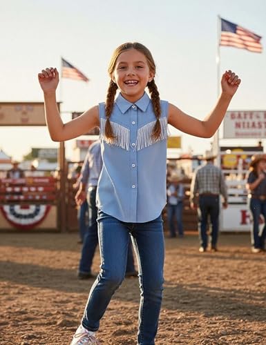 Image of Girls Fringe Shirt Sleeveless Button Down Western Cowgirl Tassel Trim Casual Blouse Shirt Top 4-13Y
