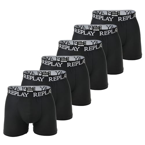 Replay Herren Boxershorts, 6er Pack - Unterhosen, Baumwolle, Logo, einfarbig Schwarz XL