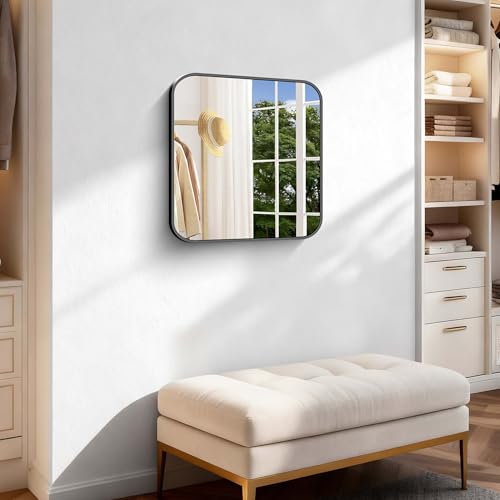 Image of Black Bathroom Mirror, 18 x 18 inch Square Mirrors for Wall, Metal Frame Rounded Corner Vanity Mirror for Over Sinks Modern Bedroom Living Room Horizontal Or Vertical Mounting