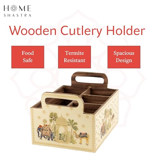 Image of Wooden Cutlery Holder with Gold Engraving | Pack of 1 | Size : 9 x 7 x 5.5 inch | Enamel Coated Waterproof | Cutlery Holder for Dining Table | (Royal Camel)