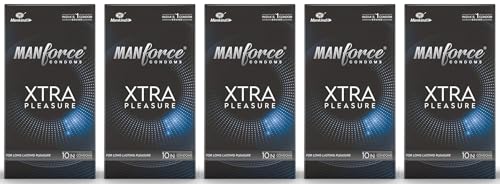 Image of Manforce Xtra Pleasure Xtra Dotted Climax Delay Condoms, Unflavoured, 10 Pcs (Pack of 5)