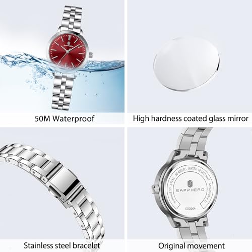 Image of Sapphero Ladies Watch Easy to Read Wristwatch, Women's Quartz Watch with Stainless Steel Strap, 5 ATM Waterproof, Classic Elegance Women Business Waterproof Watch