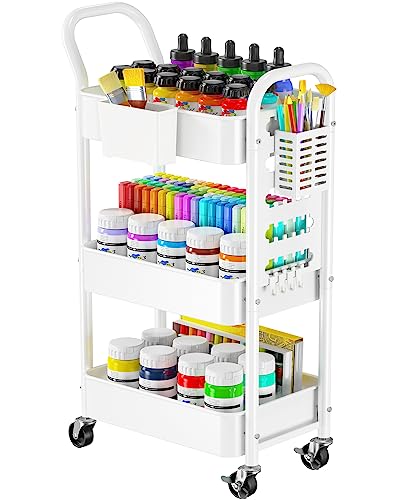 Image of Pipishell 3-Tier Rolling Cart, Metal Utility Cart with Pegboard, Lockable Wheels & U-Shaped Handle, Storage Cart with 2 Hanging Cups & 4 Hooks for Living Room, Bedroom, Kitchen, Office (White)