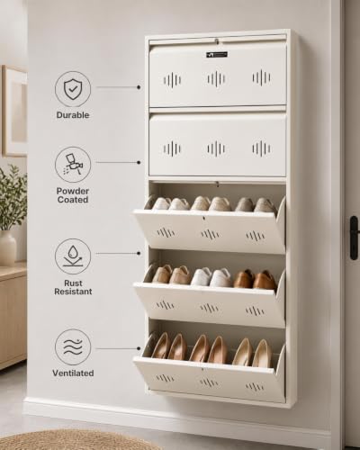 Image of StayHappy 5 Door Wall Mounted Shoe Rack | Metal Shoes Rack for Home with Dual Lock | Wall Mount Chappal Sandal Shoe Organizer | MS Steel Wall Mounted Shoe Rack. (White, 5 Door)
