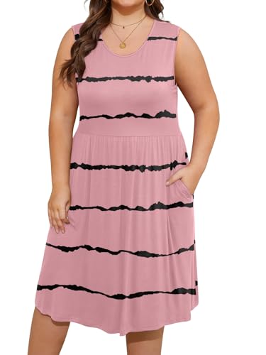 Image of DB MOON Womens 2026 Plus Size Tank Dresses Sleeveless Knee Length Sundress with Pockets 4XL Stripes Red Bean Paste