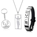Kit Messi: incluye un collar Messi10 de acero inoxidable, un llavero y una cómoda pulsera ajustable de acero inoxidable + silicona, un juego completo diseñado para los fanáticos del fútbol.
