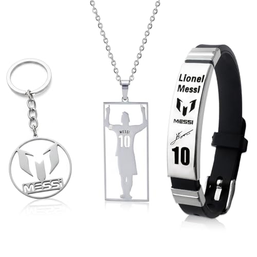 Suny Smiling 3PCS Messi Gifts for Boys Football Necklace for Adjustable Stainless Steel Adjustable Wristband Messi Football Kit Number 10 Cool Stuff for Boys Souvenir Footballs Fan Gifts