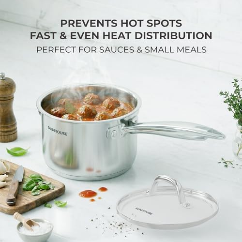 SUNHOUSE 1.5 QT Stainless Steel Saucepan with Lid, 3-Ply 18/10 Stainless Steel Cookwares, Small Kitchen Pots with Stay-Cool Handle, Dishwasher Safe, Oven Safe, Compatible with Induction, Ceramic, Gas by Sunhouse - Used condition - Image 6