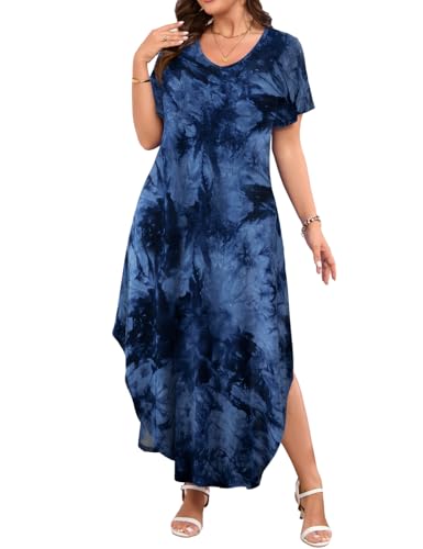 Image of JollieLovin Womens Plus Size Casual Summer Maxi Long Dress Short Sleeve T-Shirt Loose Sun Dress(L-5X)