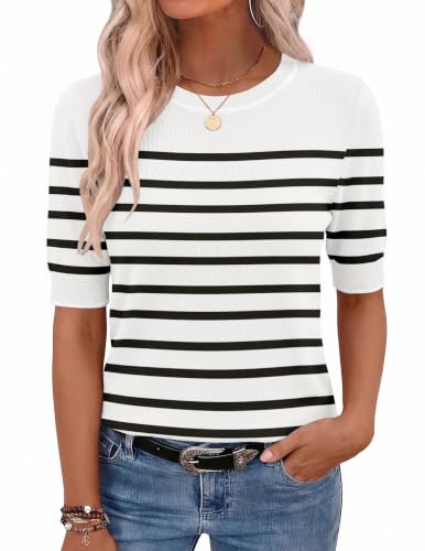 Zeagoo Fall Clothes for Women 2025 Casual Striped Tops Short Sleeve Sweaters Crew Neck Ribbed Knit...