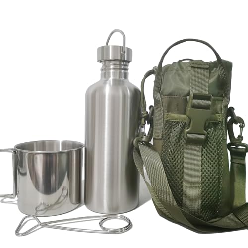 Dumatc Survivor 3-in-1 Outdoor Canteen Kit - 42oz Single Wall Water Bottle with 24oz Nesting Camping Cup & Carrying Bag | 304 Stainless Steel | Wide Mouth Design | Outdoor Survival Bushcraft Gear
