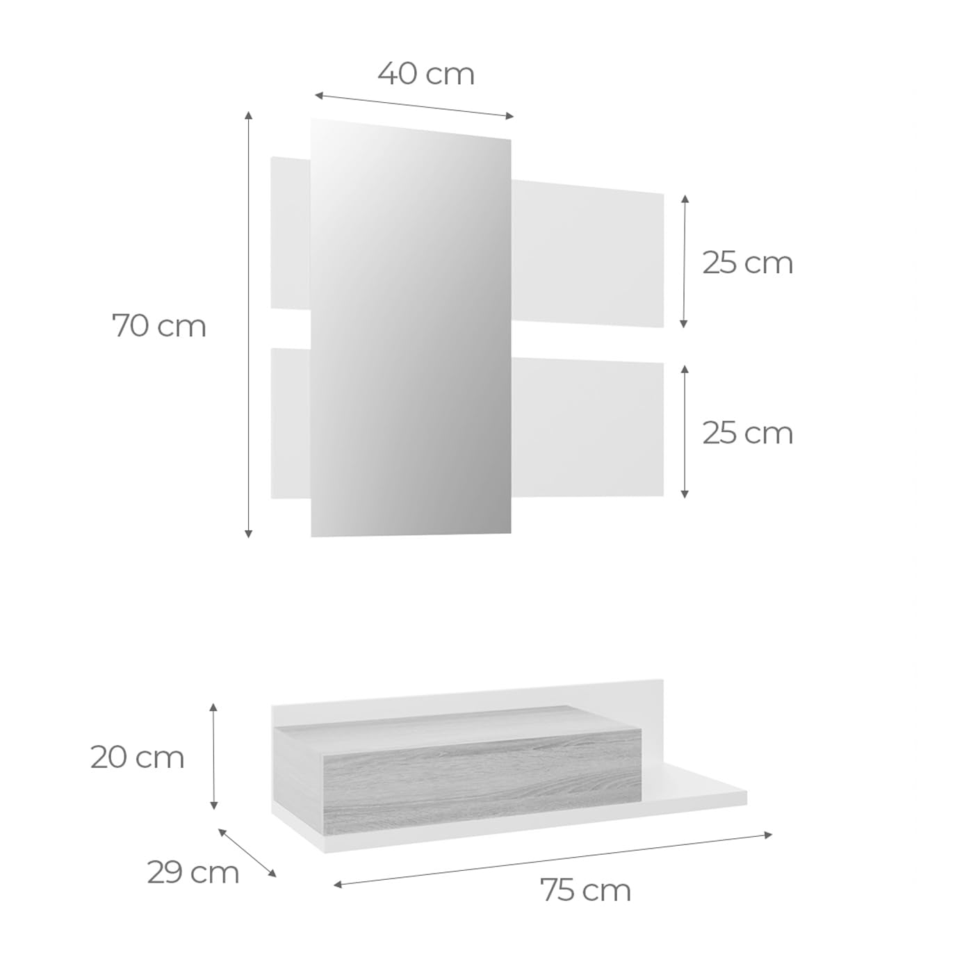 amuéblate online - Recibidor con cajón y Espejo, Mueble de Entrada, Modelo Cool, Acabado en Blanco-Roble, Medidas: 75 cm (Ancho) x 116 cm (Alto) x 29 cm (Fondo)