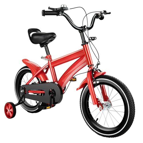 Salmeee Bicicleta infantil de 14 pulgadas 4 en 1 para niños con pedales y ruedas estabilizadoras, color rojo, altura ajustable, 95 – 135 cm, para niños y niñas de 3 a 6 años