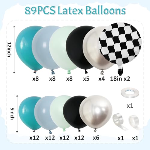 Image of Race Car Balloons Garland Arch Kit, Dusty Blue Balloons Green Black Balloon Pale Blue Metallic Silver Balloon Arch Kit with Checkered Foil Balloon for Car Fast Birthday Baby Shower Party Decorations