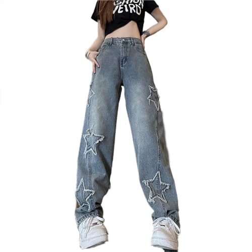 Womens Star Embroidery Wide Leg Y2K Jeans Aesthetic Star Pants Girls Boyfriend Loose Fit Baggy Jeans 90s Streetwear