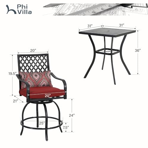 PHI-VILLA-3-pcs-Patio-Bar-Set-Counter-Height-Bar-Set-with-2-Swivel-Cushioned-Stools-31-Square-Patio-Bar-Table-with-Umbrella-Hole-Outdoor-Furniture-Set-for-Patios-Backyard-Porches-or-Garden PHI VILLA 3 pcs Patio Bar Set Counter Height Bar Set with 2 Swivel Cushioned Stools 31 Square Patio Bar Table with Umbrella Hole Outdoor Furniture Set for Patios Backyard Porches or Garden