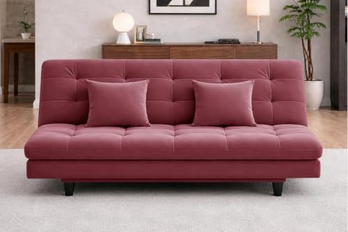 Image of Rosebell Modern Three Seater Sofa Cum Bed Foldable Velevt Fabric Sofa,Foam Seating, Stylish Design for Living Room, Guest Room & Office - Rose Pink Color