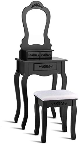 CASART Dressing Table Set, Vanity Table with Detachable Mirror Top, Cushioned Stool & 3 Drawers, Makeup Table and Stool Set Cosmetics Dresser Set for Bedroom Dressing Room (Black)