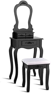 CASART Dressing Table Set, Vanity Table with Detachable Mirror Top, Cushioned Stool & 3 Drawers, Makeup Table and Stool Set Cosmetics Dresser Set for Bedroom Dressing Room (Black)