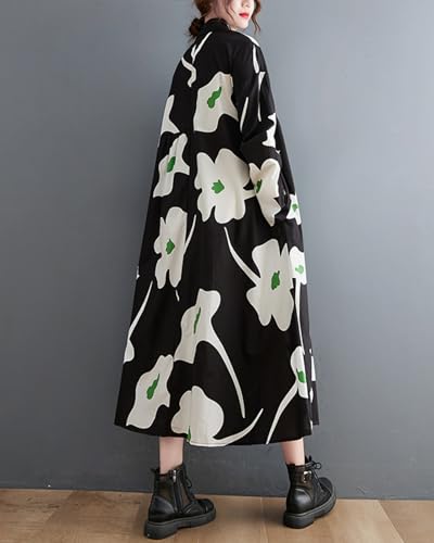 ellazhu Women's Casual Irregular Patchwork Lapel Floral Long Dress Buttons Down GZ142