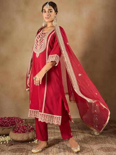Image of INDO ERA Women's Maroon Silk Blend Embroidered A-Line Kurta & Pant With Dupatta Set (IESTR6990)