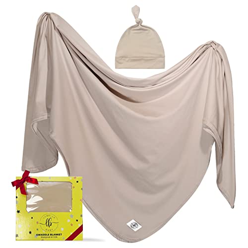 Image of LUBELLA SUPPLY COMPANY Large Stretchy Swaddle Blankets 47" - Newborn Swaddle and Hat Set - Jersey Receiving Baby Blanket for Boys & Girls - Soft Stretch Infant Wrap 0-3 months (Khaki)