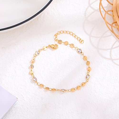 Image of Womens Dainty Gold Chain Bracelet,Simple Layered Chain Bracelets,Beaded Turquoise Bracelet,Charm Crystal Bar,Heart,Karma,Triangle,Pearl Bracelets for Women