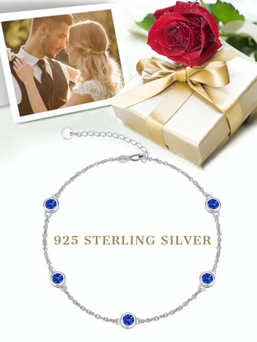 Image of Dorunmo Heart Birthstone Bracelets 925 Sterling Silver Round Birthstone Anklet for Women Birthday Jewelry Gifts for Girlfriend Wife Mother Her